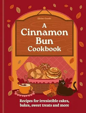 Book cover of 'A Cinnamon Bun Cookbook' with a cinnamon bun illustration on a red background.