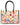 Colorful floral-patterned bag with black handles on a white background