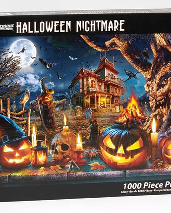 Halloween-themed puzzle box with pumpkins, candles, and a haunted house design.