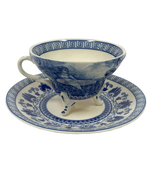 Blue and White Transferware Colonial Ladies Teacup and Saucer