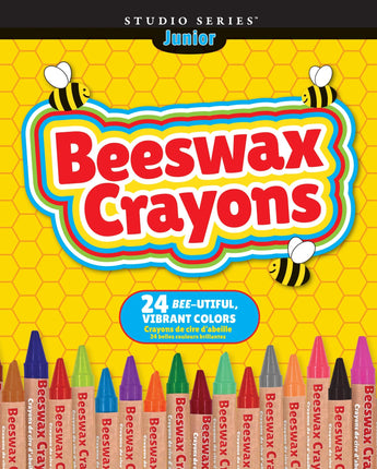Beeswax crayons set with colorful packaging featuring bees and a honeycomb pattern.