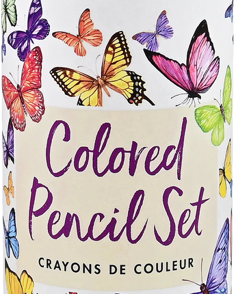Colored pencil set with butterfly design on packaging