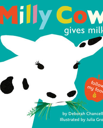 Book cover of 'Milly Cow gives milk' with a white cow illustration on a teal background.