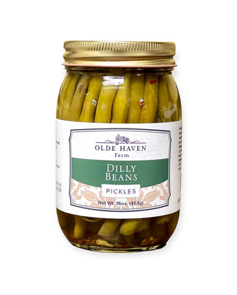 Jar of Olde Haven Farm dilly beans on a white background