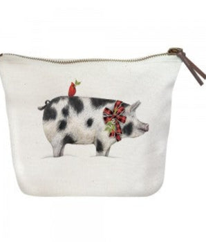 Pig and Red Cardinal Zipper Canvas Pouch