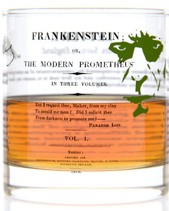 Rocks glass labeled 'Frankenstein' with a white background