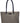 A large canvas tote bag in a distressed gray color with dark navy blue handles and a small black brand patch on the front.