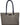 A large canvas tote bag in a distressed gray color with dark navy blue handles and a small black brand patch on the front.