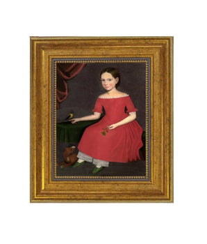 Girl in Red Dress with Dog and Bird Framed Print