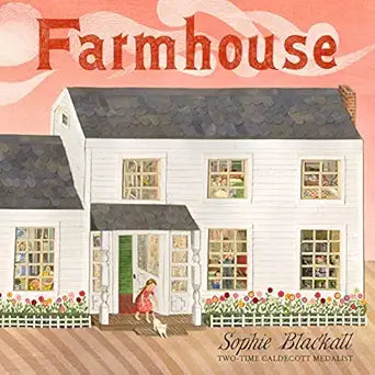 Illustration of a farmhouse with a pink sky and 'Farmhouse' text at the top.