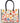 Colorful floral-patterned bag with black handles on a white background