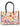 Colorful floral-patterned bag with black handles on a white background