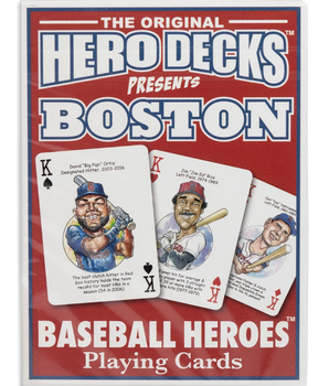 Boston Baseball Heroes playing cards packaging with illustrations of baseball players on a red background.