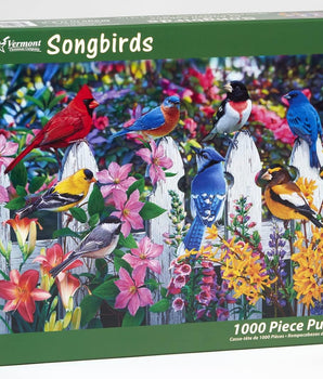 Songbirds on Blooming White Fence 1000 Piece Puzzle