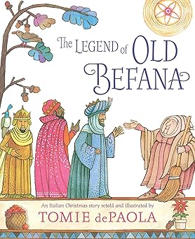 Book cover of 'The Legend of Old Befana' with characters and festive elements.