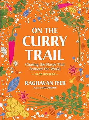 Book cover of 'On the Curry Trail' with colorful illustrations and text on an orange background