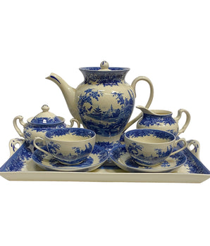 Blue and White Pagoda Transferware Teaset, 10 pieces
