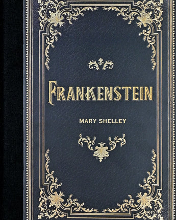 Decorative book cover of 'Frankenstein' by Mary Shelley with gold text and patterns on a dark background.