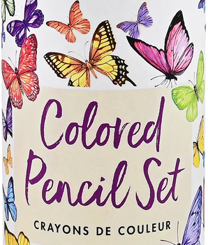 Colored pencil set with butterfly design on packaging