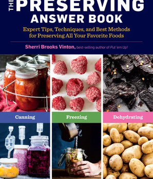 Book cover of 'The Preserving Answer Book' with images of preserved foods and text about preserving methods.