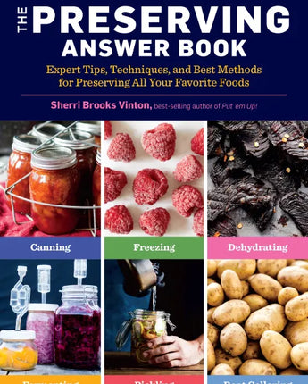 Book cover of 'The Preserving Answer Book' with images of preserved foods and text about preserving methods.