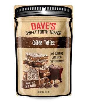 A package of Dave's Sweet Tooth Toffee, Coffee-Toffee, with an image of the toffee pieces and coffee beans on the front.