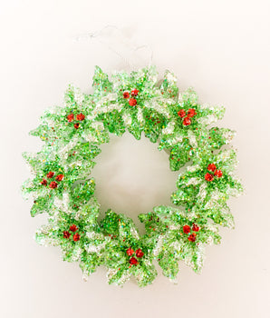Glittery Holly Wreath Ornament Set of 2