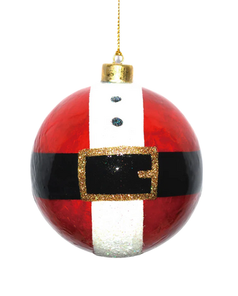 Decorative Christmas ball with red, white, and black design on a white background