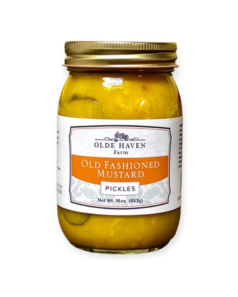 Jar of Olde Haven Farm Old Fashioned Mustard Pickles on a white background