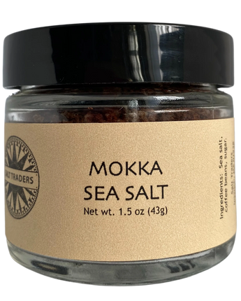 Jar of Mokka Sea Salt with a black lid on a white background