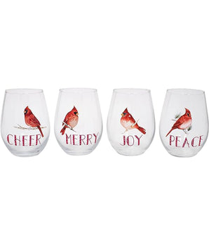 Red Cardinal with Festive Words Stemless Glassware Set of 4