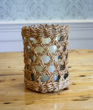 Hurricane Seagrass Glass Pillar Candle Holder 7.5"