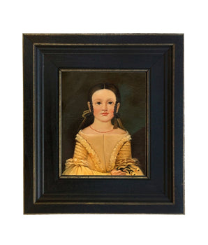 A framed print featuring an antiqued portrait of a girl in a light yellow dress with flowers, set within a black frame with a gold resin border.