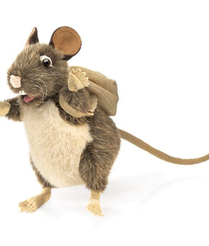 Stuffed toy mouse with a backpack on a white background