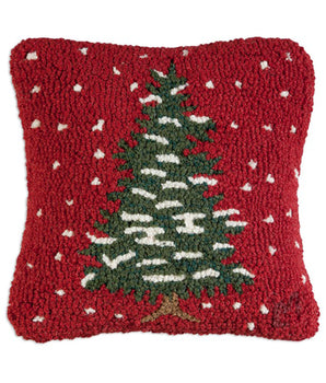 Red Christmas Tree and Snow Flurries Hooked Wool Pillow