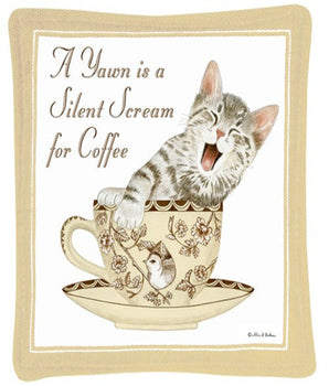 A square mug mat with an image of a kitten yawnning in a coffee cup and the text 'A Yawn is a Silent Scream for Coffee'.