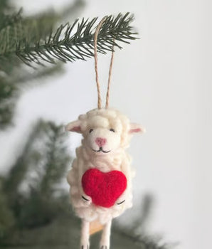 Felted Sheep Holding Red Love Heart Ornament