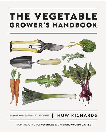 Book cover of 'The Vegetable Grower's Handbook' with gardening tools and vegetables on a white background
