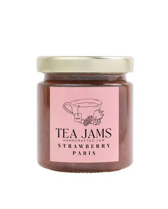 Jar of 'Tea Jams Strawberry Paris' on a white background